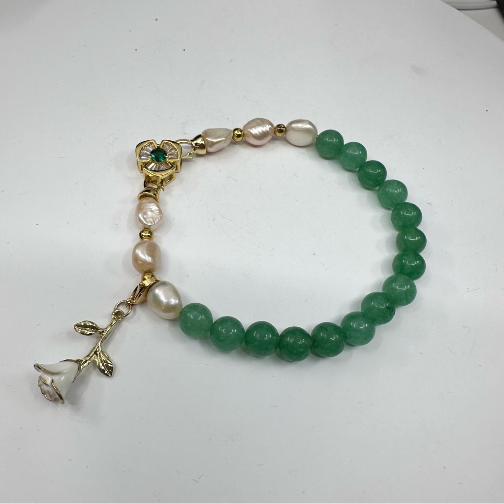 #314 New Handmade Jade And Pearl Bracelet With Enamel Flower Charm Premium Clasp